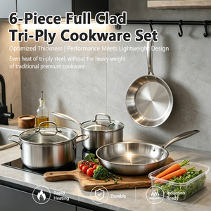 6 Pcs 3-Ply Stainless Steel Cookware Set Polished Exterior